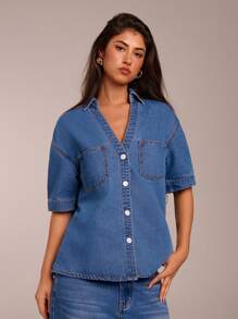 SHEIN Forever 21 Spring&Summer Women Romantic/Prom/Formal/Birthday/90s /Business Casual/Elegant/Western Wear/Going Out/Fashion/Casual/Y2k/Club/Office /Cocktail/Vintage/Bodycon/Rave/Funny/Classy/Old Money/Streetwear/Vacation/Country Concert/Work/Modest/Spring Break/Bachelorette/Concert/Baddie/Basic/Graduation/Blue Washed/Tube/Sleeveless/Cowgirl/1960s/Short Sleeve/ Denim Top - Blue - View 3