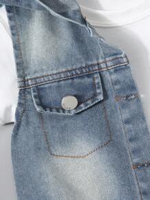 新生男婴休闲洗水牛仔连帽背心上衣和松紧腰牛仔短裤套装，简约时尚百搭设计，适合日常穿着 - 淺色水洗藍 - 查看 6