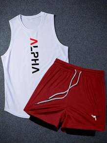 Manfinity Sport Corelite Men's Letter Print Round Neck Tank Top And Drawstring Waist Shorts Sports Suit Workout Set Gym Top Breathable