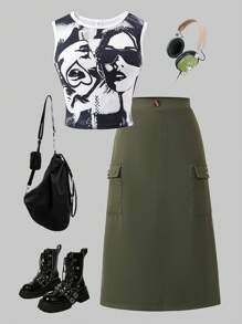 SHEIN 2pcs/Set Juniors/Teen Girls Graphic Print Camisole & Solid Color Functional Pocket Mini Skirt Outfit