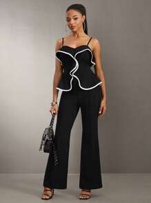 SHEIN SXY 女士荷叶边装饰吊带背心连体裤 - 黑色 - 查看 4
