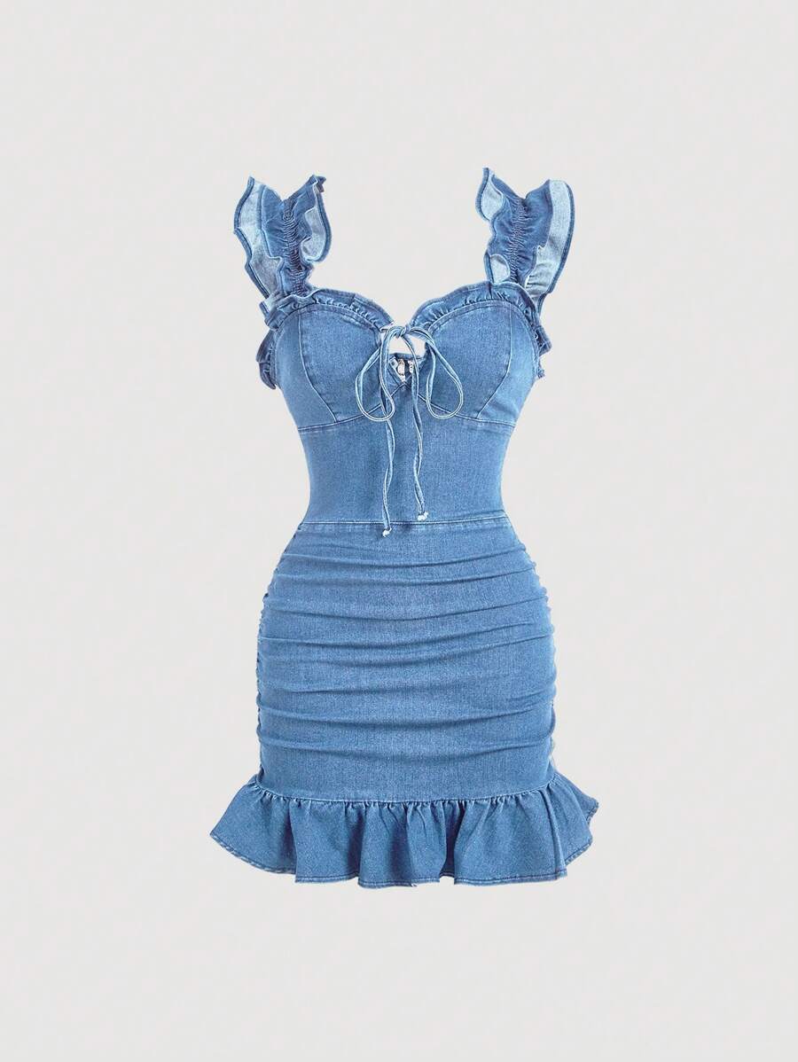 SHEIN MOD 女士性感褶皱修身牛仔连衣裙，带荷叶边，夏季 - 淺色水洗藍 - 查看 1