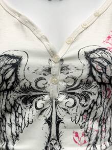 EgrlEra Women's Sheer Printed V-Neck Half-Placket Short Sleeve T-Shirt