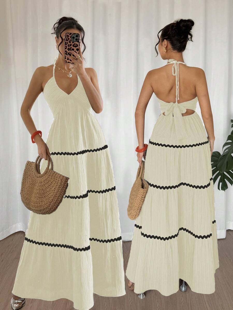 Rafferiza 女式休闲度假风格 A 字形分层荷叶边 V 领长款无袖连衣裙，背部蝴蝶结，黑色，春夏新品 - 杏色 - 查看 1