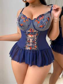 SHEIN Set de 2 piezas Lencería vestido con encaje bordado y talla grande sexy