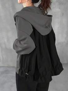 FRIFUL Women's Contrast Color Drop Shoulder Long Sleeve Casual Loose Hooded Jacket