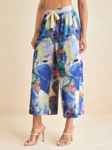 EBIB 夏季蓝色印花网眼直筒宽松裤度假休闲裤