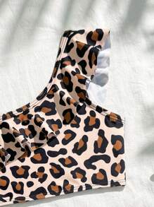 SHEIN Costume da bagno a tankini per giovani ragazze, con stampa leopardata, balze e spalline