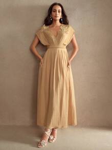 Anewsta Vestido de verano elegante con escote en V, cintura ceñida y decoración floral, adecuado para graduación, festival, vacaciones, elegancia, vacaciones, alta sociedad, cita nocturna