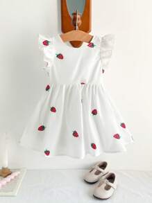 Cozy Pixies Baby Girl Strawberry Print Round Neck Ruffled Waist Casual Dress, Versatile - White - View 2