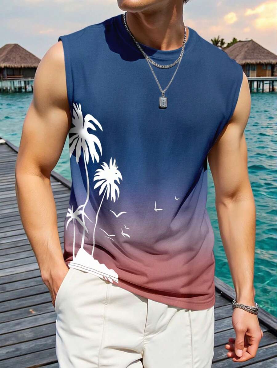 Manfinity Chillmode 男士度假休閒椰子樹漸層印花背心 夏季海灘熱帶度假風 - 彩色 - 查看 1