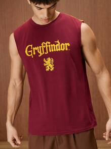 HARRY POTTER X SHEIN Men's Casual Loose Knit Gryffindor Logo Print Color Block Tank Top, Spring/Summer - Burgundy - View 4