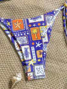 Soleia 女士彩色印花 V 领系带 2 件比基尼套装，度假海滩 - 寶藍色 - 查看 4