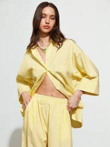 Aveloria Affinna 2pcs Women Casual Striped Loose Blouse And Wide Leg High Waist Pants Set - Yellow - View 6
