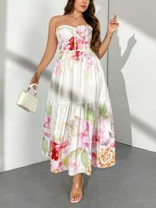 Firerie Vestido Evasê Estampado com Flores e Babado na Barra para Mulheres Plus Size - Multicolorido - Visão 4