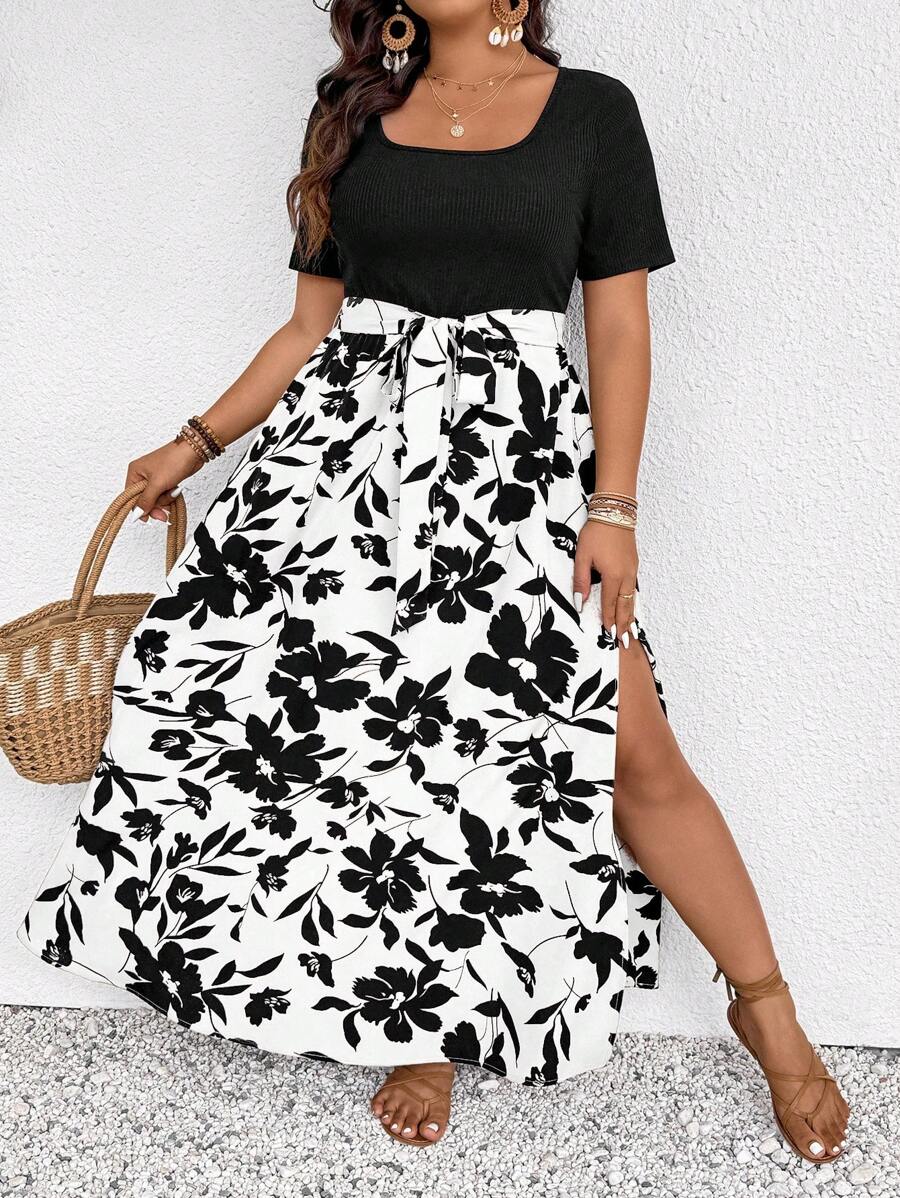 SHEIN Frenchy Đầm đi nghỉ tay ngắn họa tiết hoa cỡ lớn cho nữ xẻ tà bên hông - trắng - Xem 1