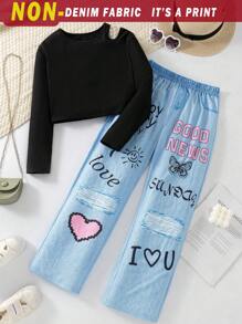 SHEIN Explorewe 2 件 Tween 女童黑色露肩长袖 T 恤和心形印花牛仔效果裤套装 - 粉色 - 查看 1