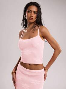 SHEIN BAE Women Floral Jacquard Cropped Fitted Camisole Top,Going Out Top - Coral Pink - View 2