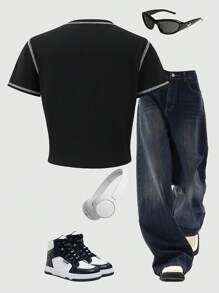 SHEIN Explorewe Teen Girls Letter Print Cropped T-Shirt - Black - View 2