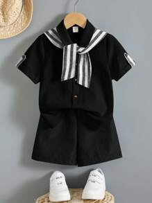 SHEIN 3 件套买 2 送 1，休闲百搭时尚可爱舒适亚麻条纹披肩、衬衫和宽松短裤套装，适合春夏日常、运动、郊游、校园、派对、节日、拍照 - 黑色 - 查看 5