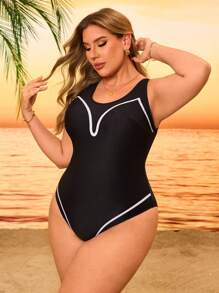 Swim Lushoire Plus Size Women One-Piece Colorblock Deep V Neck Casual Swimsuit For Summer Beach Vacation - Multicolor - View 6