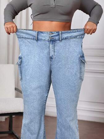 SHEIN CURVE+ 女士加大码浅蓝色牛仔裤高弹力牛仔修身喇叭裤夏季