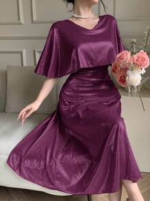 DAZY 夏季优雅 V 领中长连衣裙，适合婚礼宾客，纯色，正式女士礼服舞会礼服