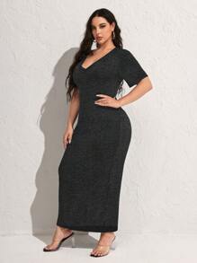 SHEIN SXY Robe élégante ajustée à col en V et manches courtes pour femmes grandes tailles