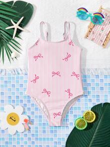 SHEIN Cute Pink Striped Bow Print Young Girls' Simple Casual One-Piece Swimsuit, Suitable For Summer - Multicolor - View 1