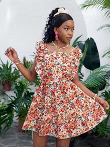 Teen Girls' Summer Casual Vacation Floral Print Ruffled Sleeve Dress - Orange - View 2