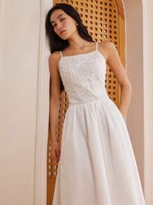 Dazy-Less 女士夏季休闲纹理欧根纱蕾丝紧身中长款吊带裙商务休闲女装