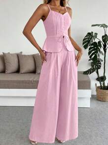 Almamuse 2pcs/Set White Linen Casual Fitted Camisole And Wide Leg Pants - Pink - View 6