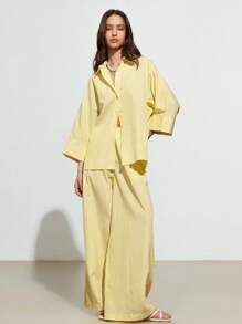 Aveloria Affinna 2pcs Women Casual Striped Loose Blouse And Wide Leg High Waist Pants Set - Yellow - View 4