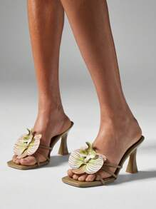 MISSGUIDED Designer Square Toe Mule Sandals With Orchid Flower Embellishment Stylish Block Heel Summer Wedding Party Evening Footwear - Green - View 2