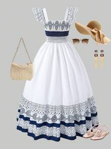 SHEIN ChillGRL Tween Girls Geometric Print Sleeveless Elasticated Waist Summer Dress - White - View 2