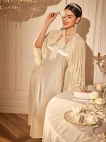 LuxeNights Wedding Season Women Luxury Handcraft Asymmetrical Ruffle Tie Mesh Robe + Charmeuse Slip Dress Set