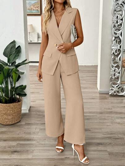 SHEIN Clasi Traje de chaqueta de bolsillo decorada en la cintura sin mangas y pantalones de pierna recta con textura para mujer, estiloso y elegante, para primavera/verano