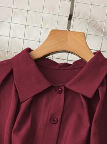 EMERY ROSE 1 件女士铆钉装饰下摆褶皱通勤连衣裙，长袖超长女装 - 酒紅色 - 查看 3