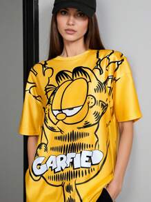 GARFIELD | SHEIN Women's Cute Cartoon Cat & Letter Print Drop Shoulder Short Sleeve T-Shirt - Orange - View 6