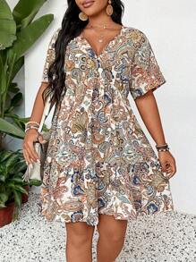 SHEIN LUNE Vestido de talla grande con cintura ceñida y dobladillo acampanado, atuendo para concierto country, graduación, atuendos de verano para mujeres, atuendos para brunch, atuendos para el Día de la Madre, atuendos para la iglesia para mujeres - Multicolor - Ver 4