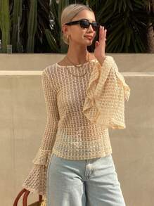 Livesso Women's Summer Casual Loose Beach Holiday Style Mesh See-Through T-Shirt,Ruffle Long Sleeve Women Tops - Apricot - View 6