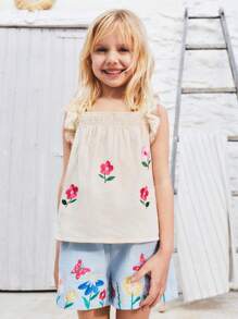 SHEIN Young Girl Summer Beach Vacation Style Cute Embroidered Ruffle Trim Cotton Tank Tops - Multicolor - View 3