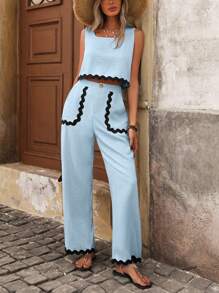 SHEIN LUNE Women's Casual Square Neck Sleeveless Crop Top With Contrast Color Ribbon Pockets And Straight Leg Pants Set, Spring/Summer - Blue - View 4