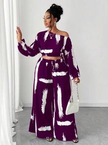 Maweii Plus Size Fashionable Print Asymmetric Collar 2 Pieces Set, Long Sleeve - Purple - View 3