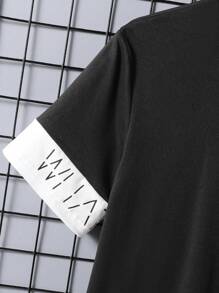 2pcs Set: Teenage Boys Casual Deep Blue Round Neck Short Sleeve T-Shirt With White Sleeve Cuffs & Letter Print, Paired With White Letter Patch Decorated Shorts, Summer Activewear