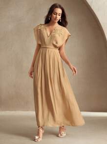 Anewsta Vestido de verano elegante con escote en V, cintura ceñida y decoración floral, adecuado para graduación, festival, vacaciones, elegancia, vacaciones, alta sociedad, cita nocturna