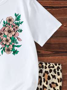 2pcs/Set Tween Girl Leopard Bow Floral Print Casual Round Neck Short Sleeve T-Shirt And Leopard Print Tight Shorts, Comfortable Casual Wear For Summer, Suitable For Home, Outgoing - White - View 4