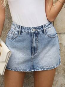 EMERY ROSE Solid Color Pocket Casual Denim Mini Skirt, Suitable For Summer - Light Wash - View 6