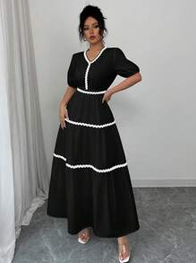 Elenzga Vestido estilo línea A con parches de cinta elegante para el verano - Negro - Ver 3