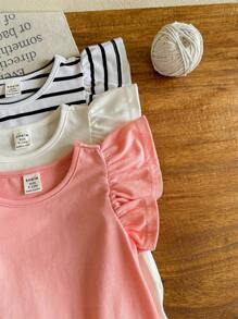 SHEIN LMoss Kids LMoss 3pcs Newborn Baby Girl Cute Summer Knitted Striped Ruffle Bodysuit Set - Multicolor - View 3